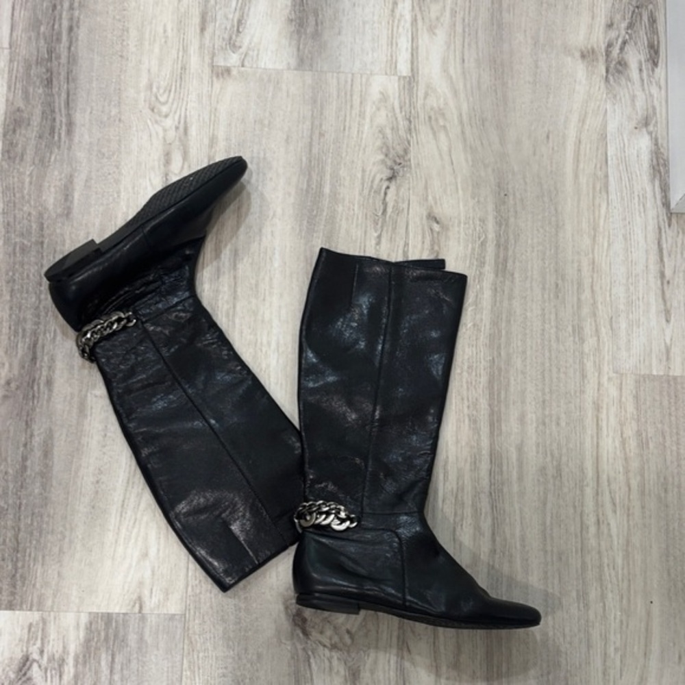Calvin Klein Martha  Black Leather Knee-High Boots with Chain Detail size 5.5
